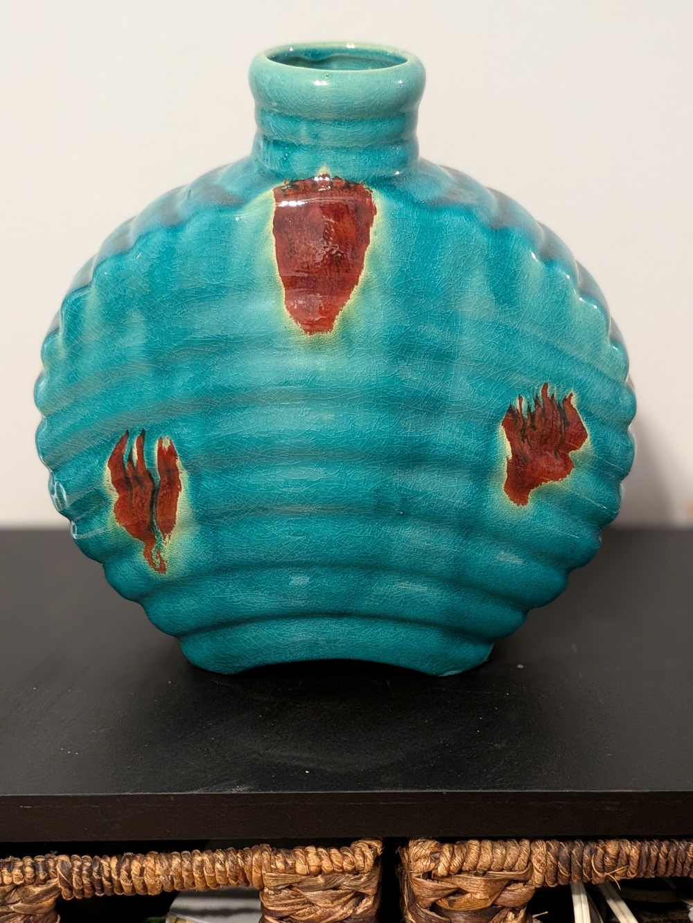 Turquoise Ceramic Vase, Glaze Finish, Shell Shaped, with Rust Accents